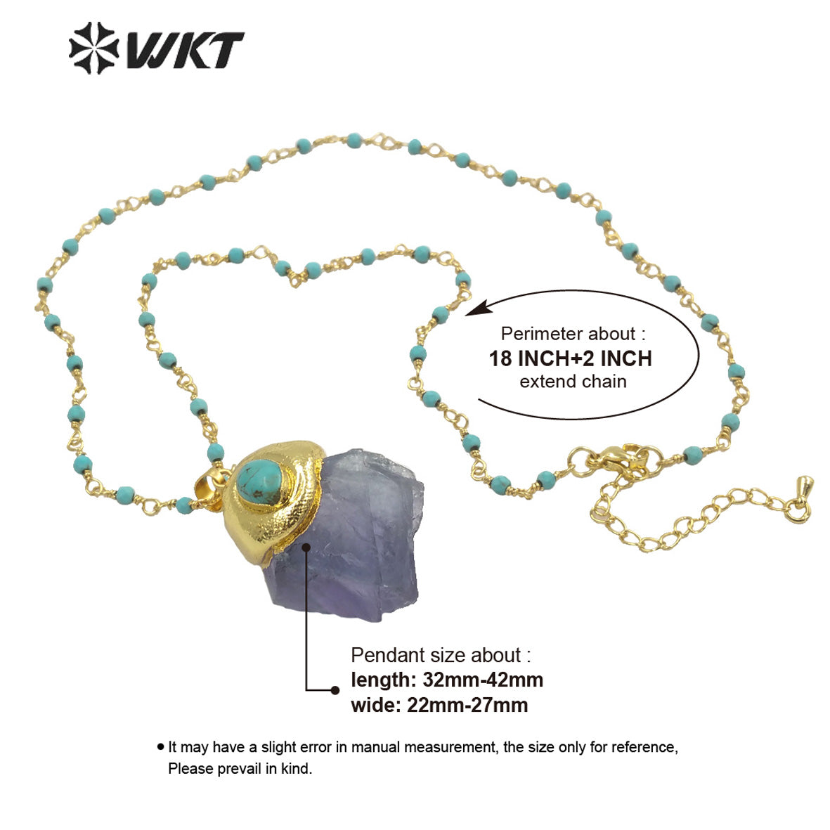 WT-N1288 Amazing Natural Raw Blue Fluorite Stone Necklace with Turquoise Charm High Fashion Gold Plated Gemstone Necklace