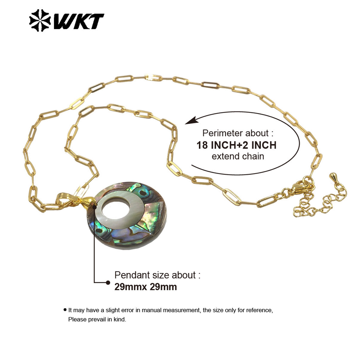 WT-JN350 Vintages Gold Electroplated Rectangle Chain With Natural Abalone Shell Round Hollow Pendant Ladies Necklace Jewelry