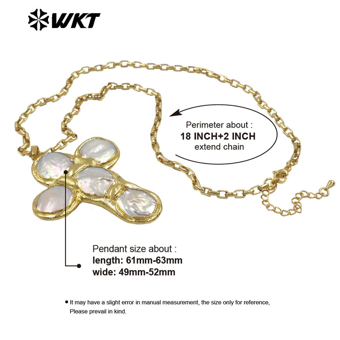 WT-JN349 Trendy 18K Gold Plated Tiny Square Chain Round Natural Freshwater Pearl Cross Pendant Necklace For Women Party Wearing
