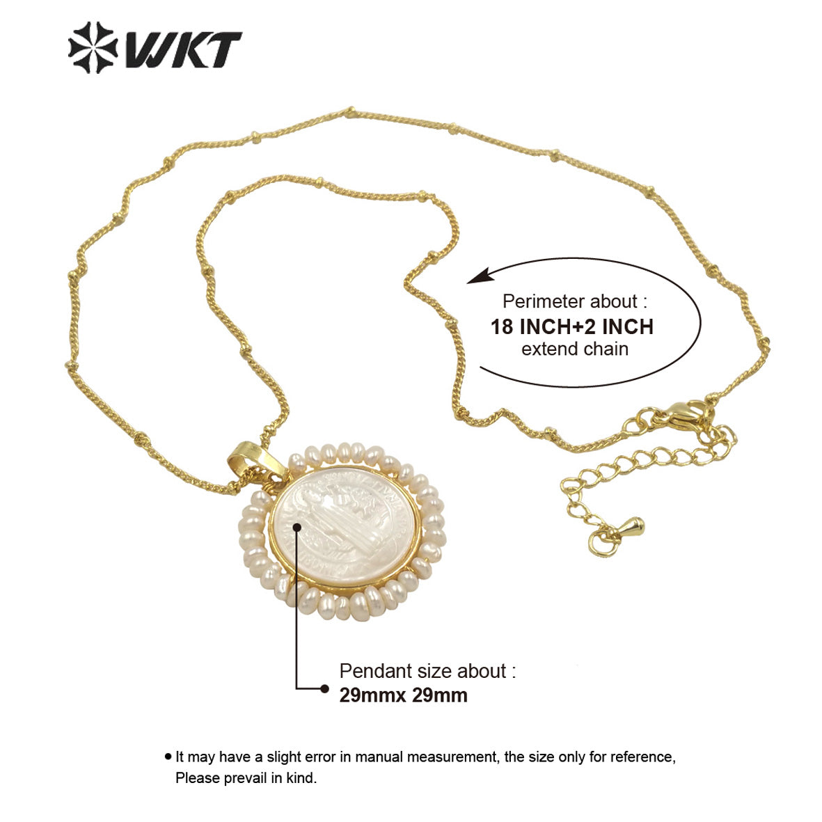 WT-JN157 Wholesale Fashion Gold Plated Handmade Handmade Wire Wrapped Freshwater Pearl Christian Cross Necklace in White Shell