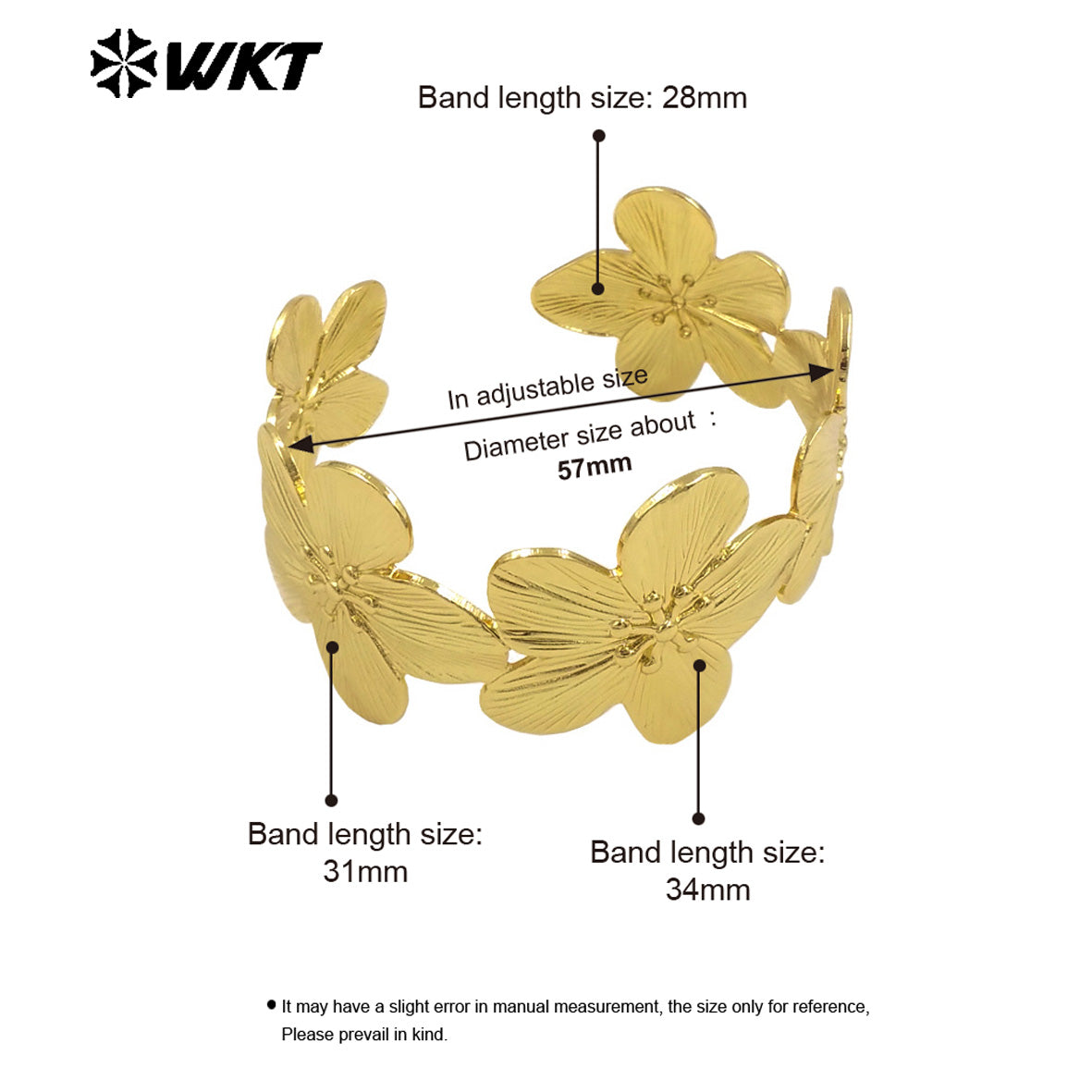 WT-B673 New Beautiful 18K Gold Plated Natural Yellow Brass Flower Shape Wide Bracelet Jewelry Finished for Women As Special Gift