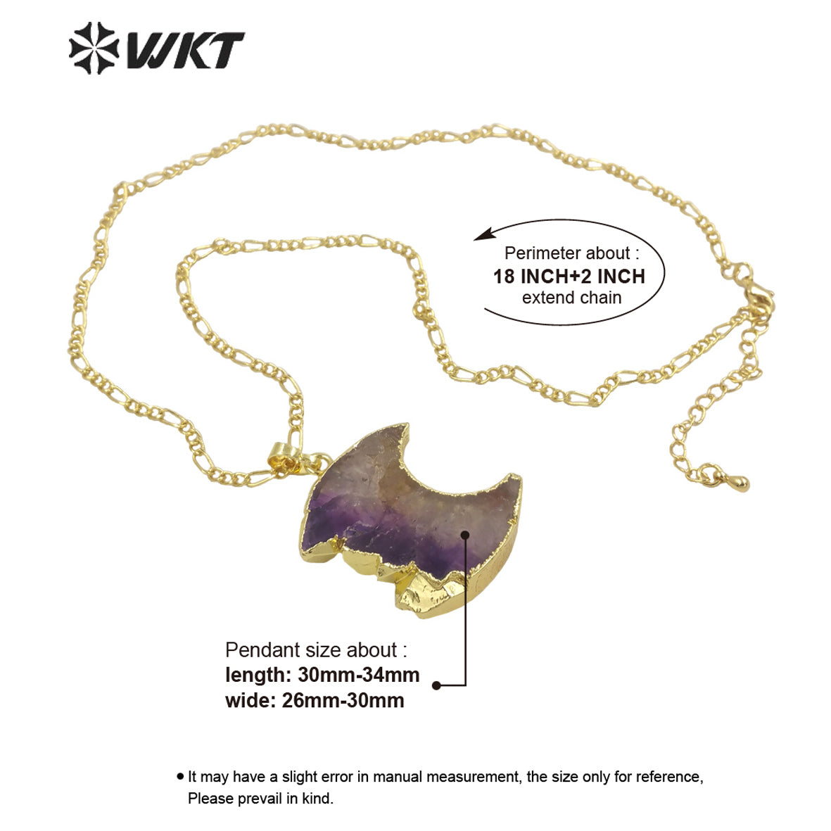 WT-N1316 Newest Fashion Gold Trim Half Moon Amethyst Stone Necklace Hot Slice Crescent Moon Pendant Necklace in Natural