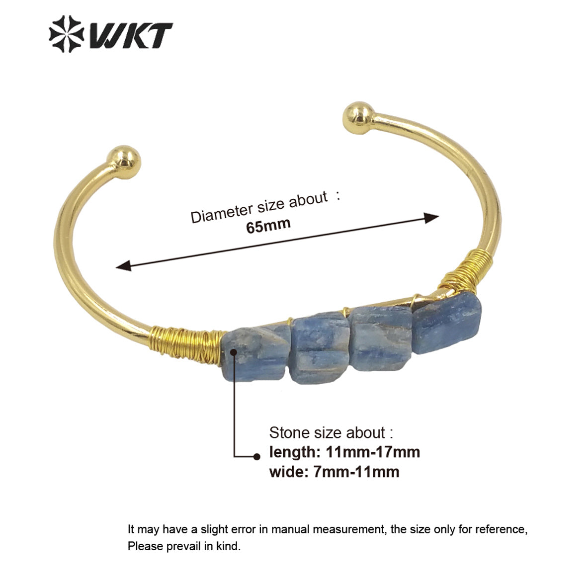 WT-B596 WKT Blue Natural Stone Blue Kyanite Opening Adjustable Gold Plated Bangle Beautiful Women Fashion Vintage Style Bangle