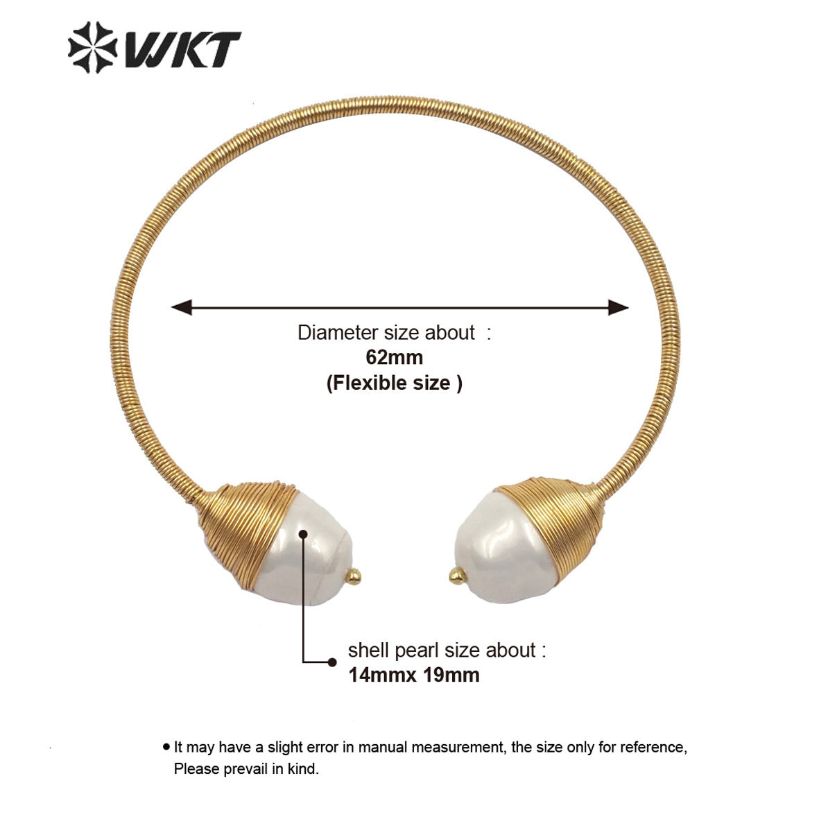 WT-B509 New Design Handmade Wire Wrapped Shell Bangle Gold Baroque Shape Adjustable Size Shell Pearl Bangle
