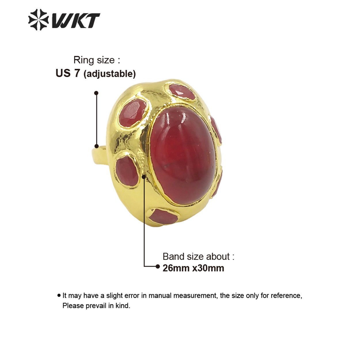 WT-R412 High Quality Vintage Fashion Red Agate Ring with 18k Gold Plated Adjustable Rings Women Jewelry Natural Stone Rings