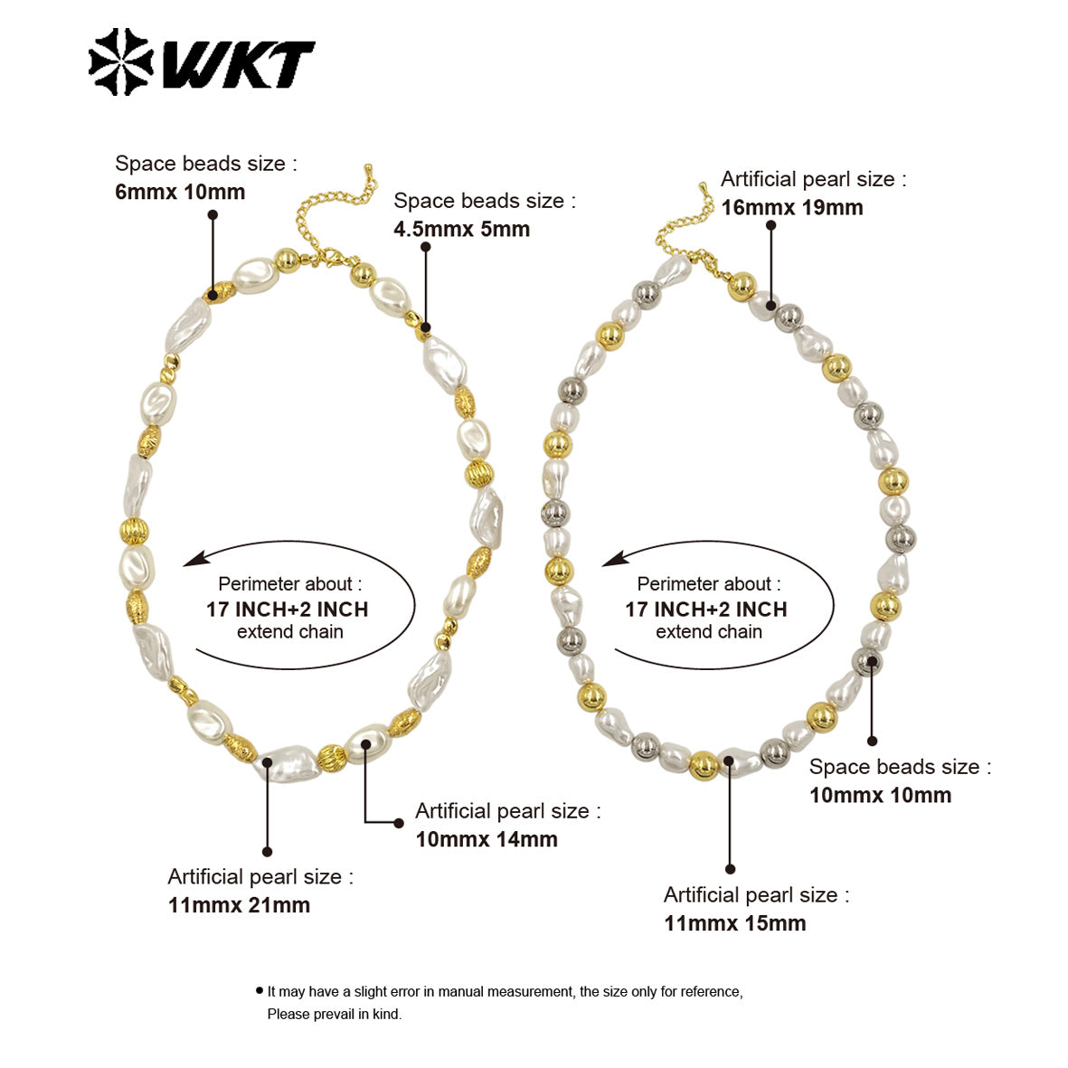 WT-JN293 Wholesale Hot Sale 16 Inch Flat and Round Artificial Pearl Gold and Silver Necklace Temperament Jewelry for Party Dress
