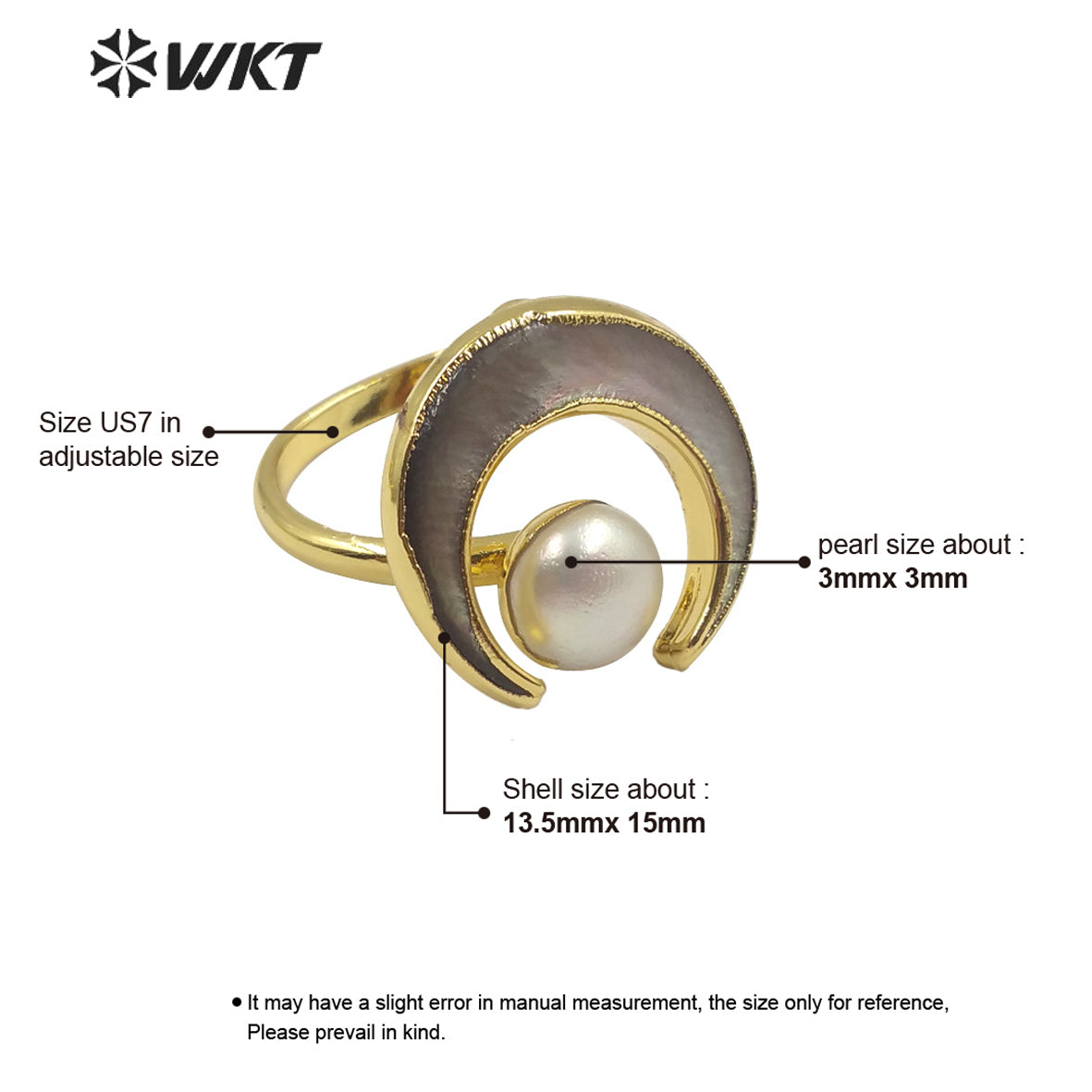 WT-R344 Unique Special Design Bohemian Crescent Shell Pearl Ring in 18k Gold Plated Women Fashion Pearl Ring