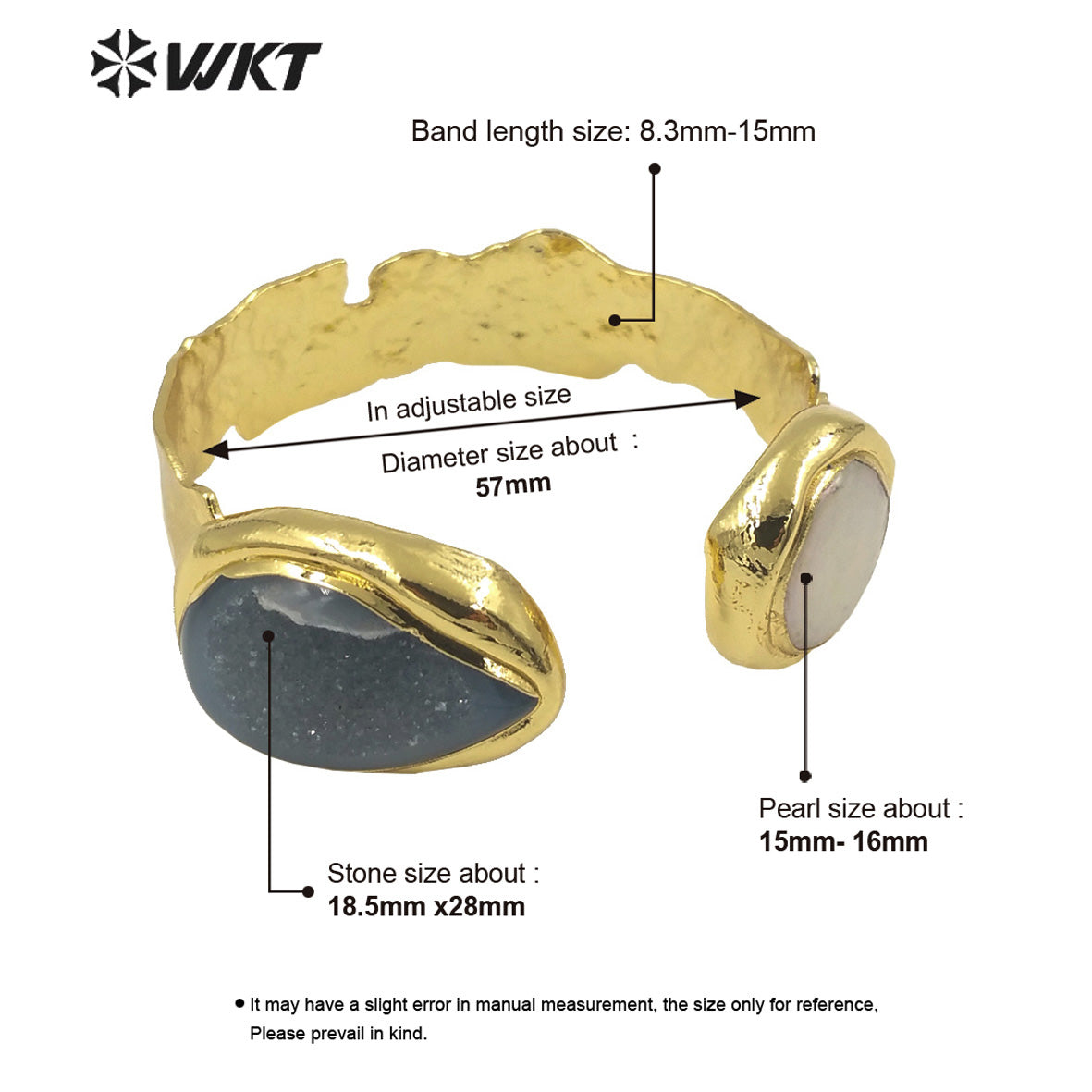WT-B653 Wholesale New Gorgeous Natural Teardrop Druzy Geode Agate and Real Pearl Bangle in Adjustable With 18k Gold Plated