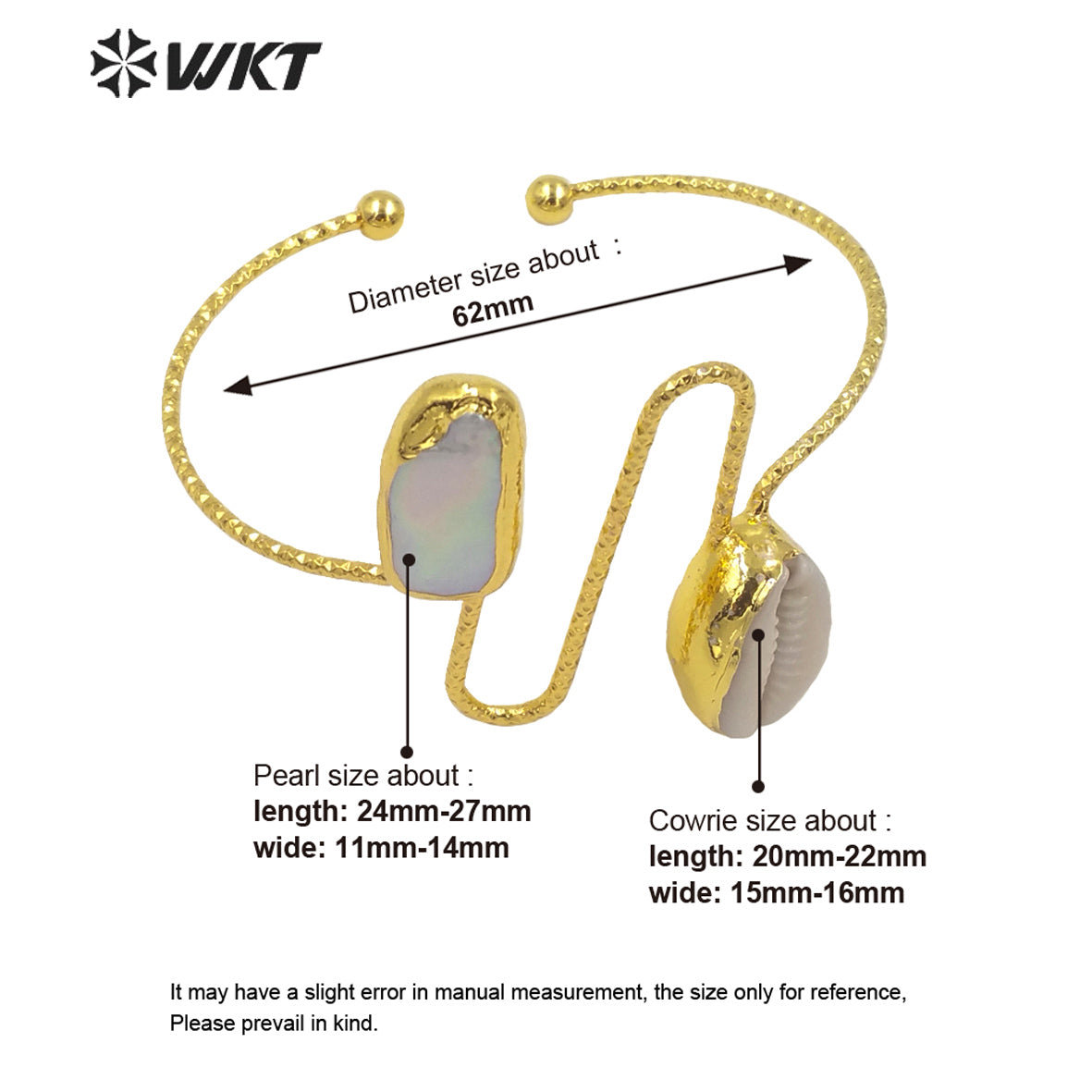 WT-MPB043 WKT 2022 Gorgeous Handmade Gold Fresh Pearl Shell Bangle Gold Plated Women Natural Cowrie Pearl Bangle