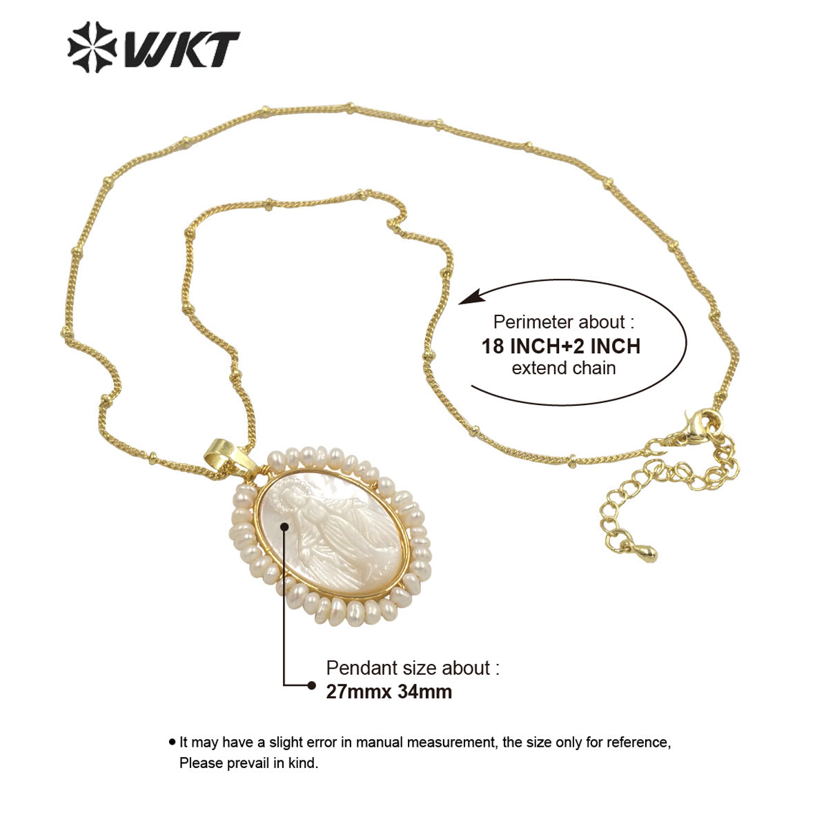 WT-JN156 Newest Charming Tiny Pear Handmade Wire Wrapped Gold Bezel Virgin Mary Shell Necklace Religious White Shell Necklace