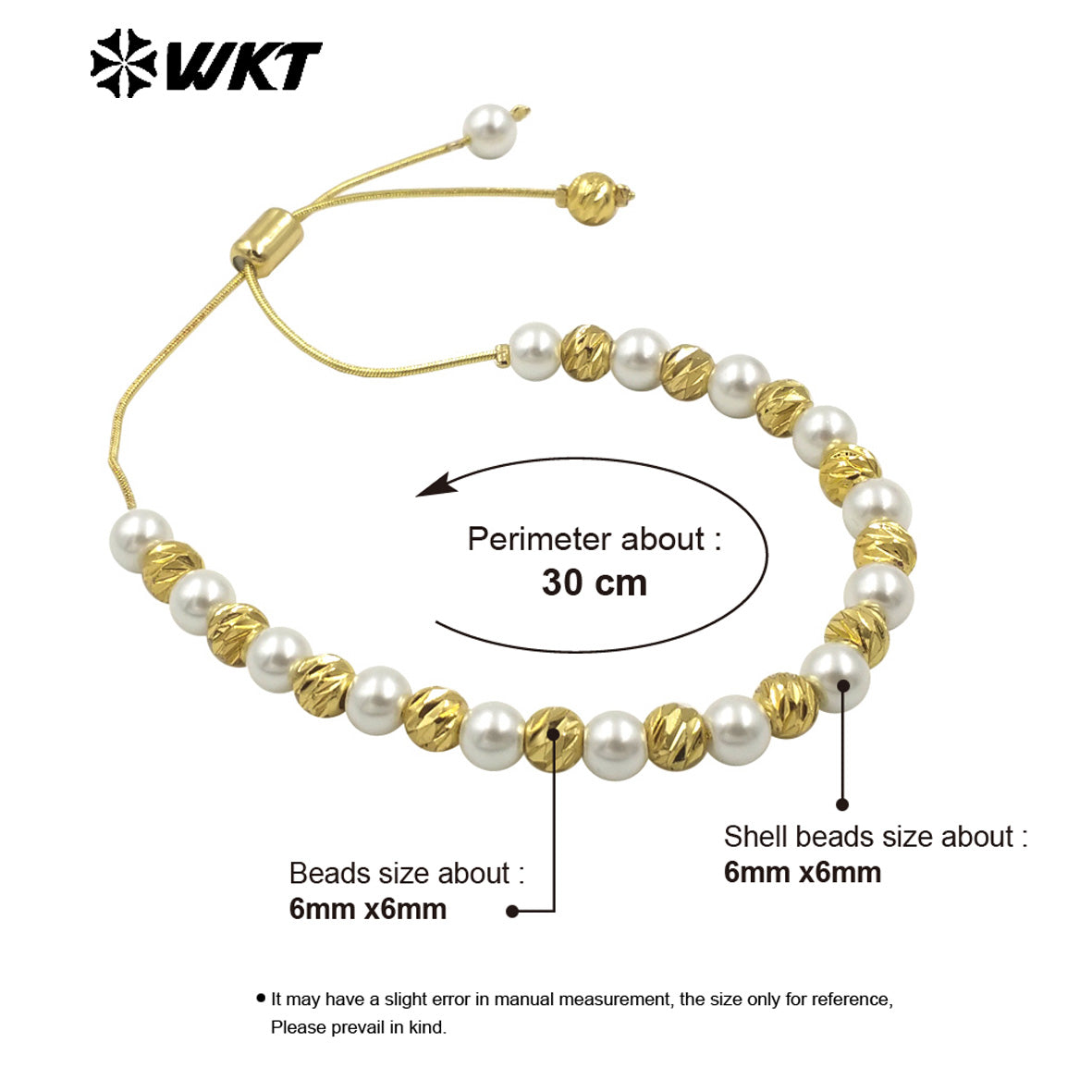 WT-JF352 Wholesale Fashion 18K Gold Plated Pearl and Hammer 6mm Beads Hand Strand Chain Bracelet