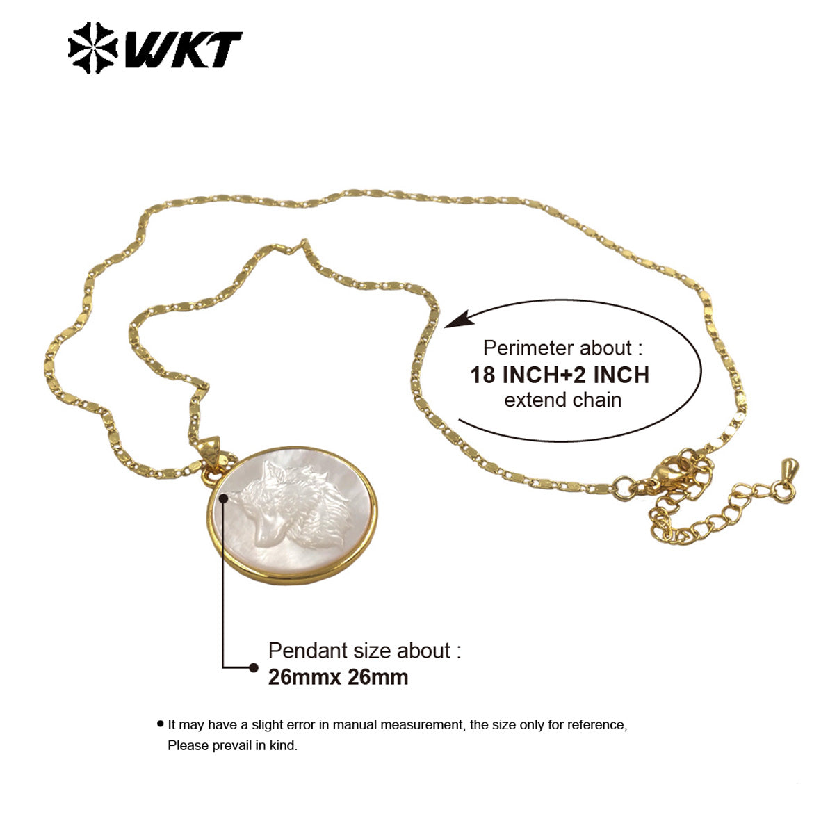 WT-JN352 High Quality Gold Plated Thin Chain With Round MOP Shell Hand Carved Wolf Pattern Pendant Necklace As Daily Jewelry