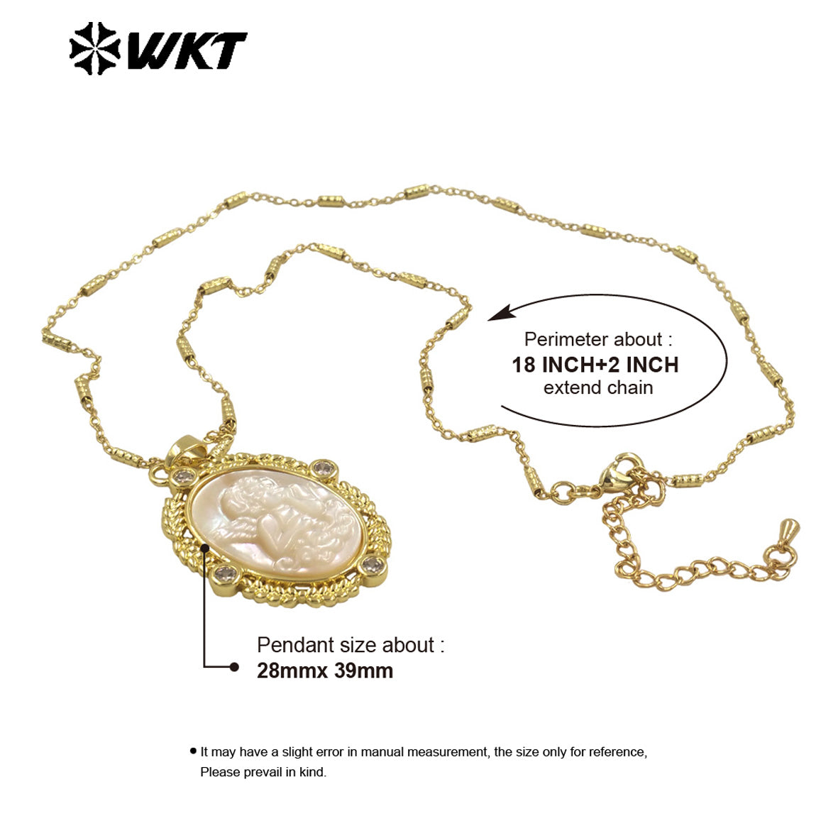 WT-JN273 Amazing 18K Real Gold Plated Resist Tarnishable Oval Shape Handmade Energy Shell Carved Angel Religious Necklace
