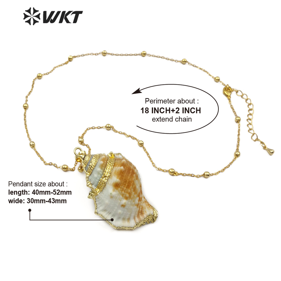 WT-JN072 Bohemian Style 18K Gold Plated Shell Jewelry 18 Inch Natural Sea Shell Pendant White and Brown Trumpet Necklace