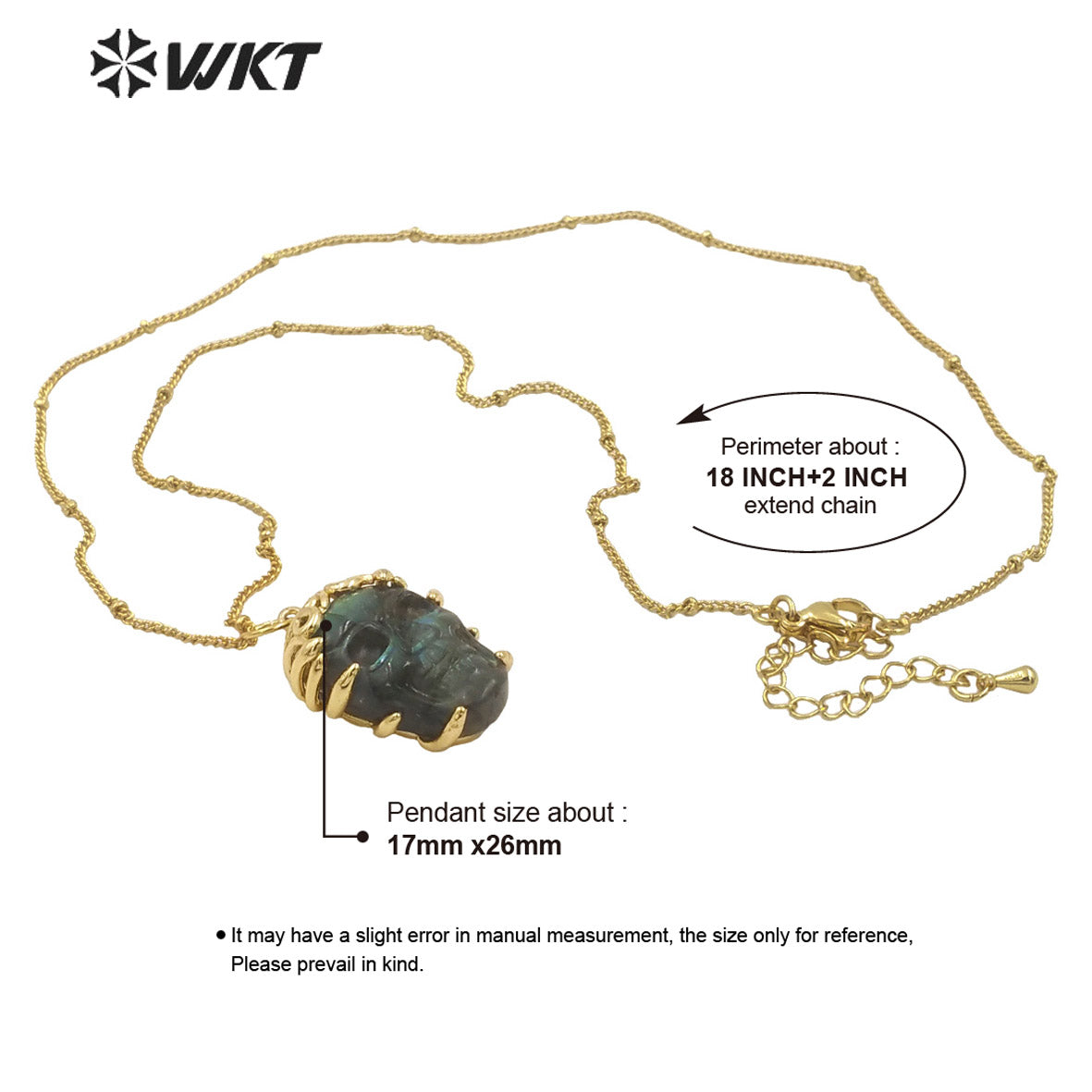WT-N1462 Hollowen Unique Gift 18K Real Gold Plated Skull With Bezel Setting Labradorite Stone Pendant Necklace