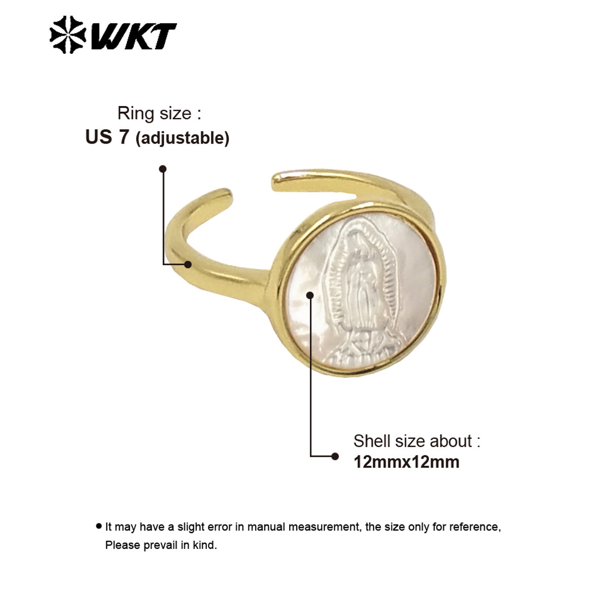 WT-MPR091 WKT New Religious Jewelry Design Elegant White Mop Carved Lady of Grace Saint Ring for Women