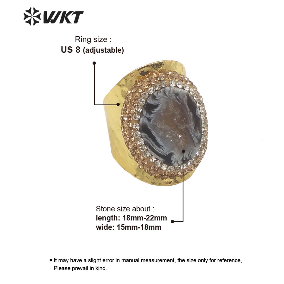 WT-R446 Amazing 18k Gold Plated Resist Tarnishable Natural Geode Agate Ring Women Wide Band Stone Cocktail Ring