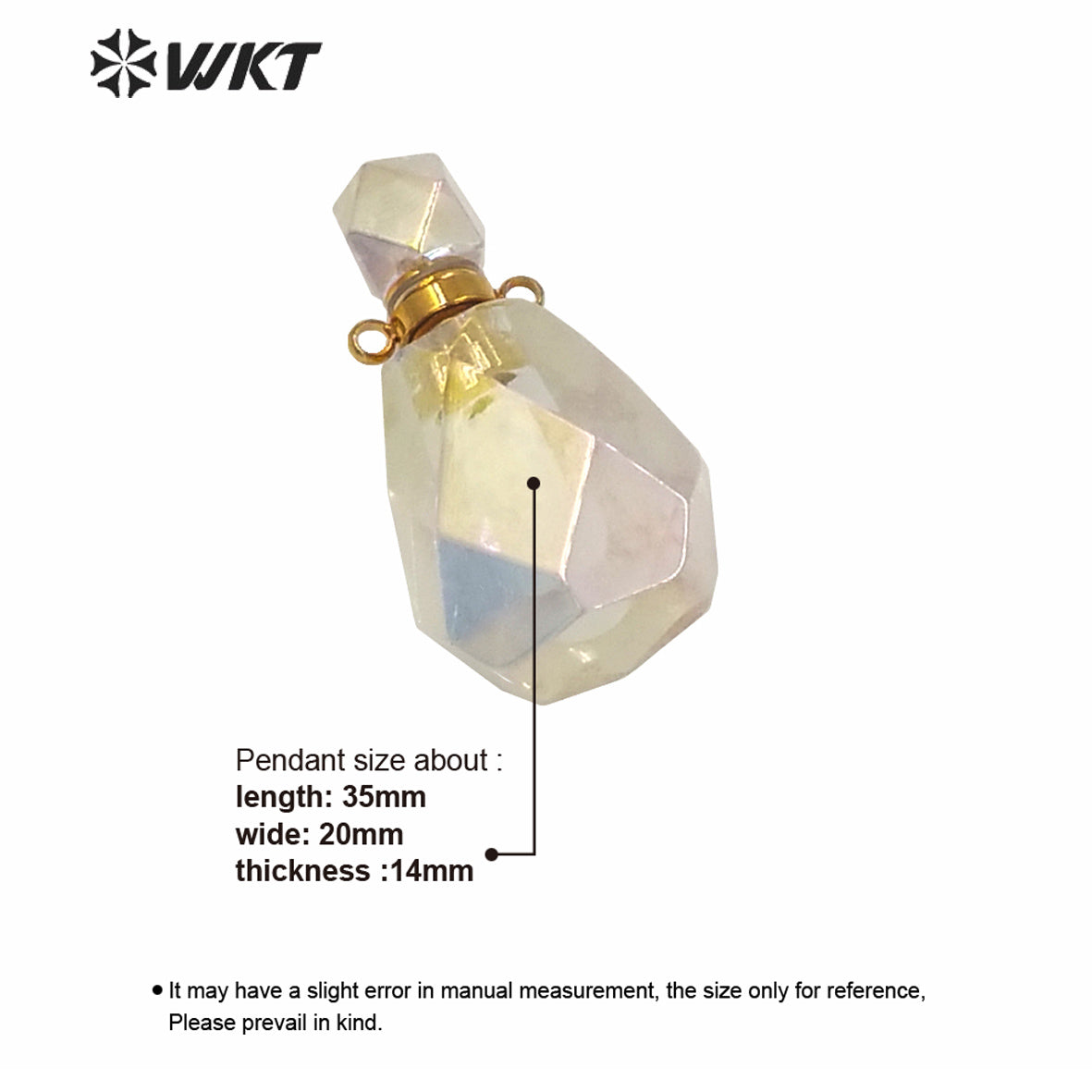WT-P1593 WKT Exclusive New Amazing Gold Aura Crystal Quartz Faceted Perfume Oil Pendant Hotsale Women Angel Color Bottle Pendant