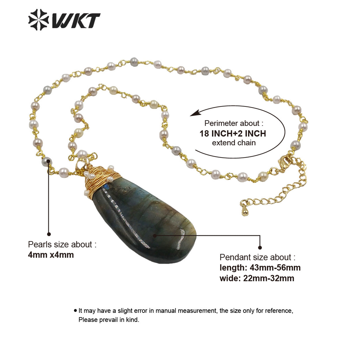 WT-N1216 Wholesale Labradorite Necklace Stone Pendant With Pearl Necklace Fashion Lady Jewelry Natural Labradorite Necklace