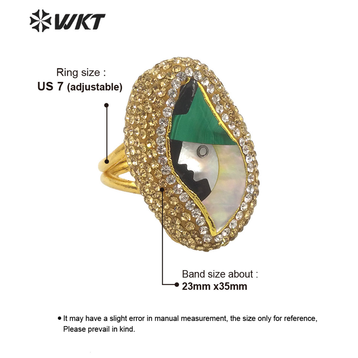 WT-MPR033 Rustic Malachite Ring Pearl Shining Rhinestone 18k Gold Plated Delicate Elegant Lady Head Ring Natural Pearl Ring