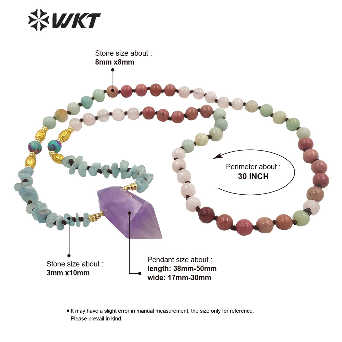 WT-N1377 Fashion Gemstone Bead Chain Quartz Bead With 18k Real Gold Plated Necklace Amethyst Pendant Natural Crystal Necklace