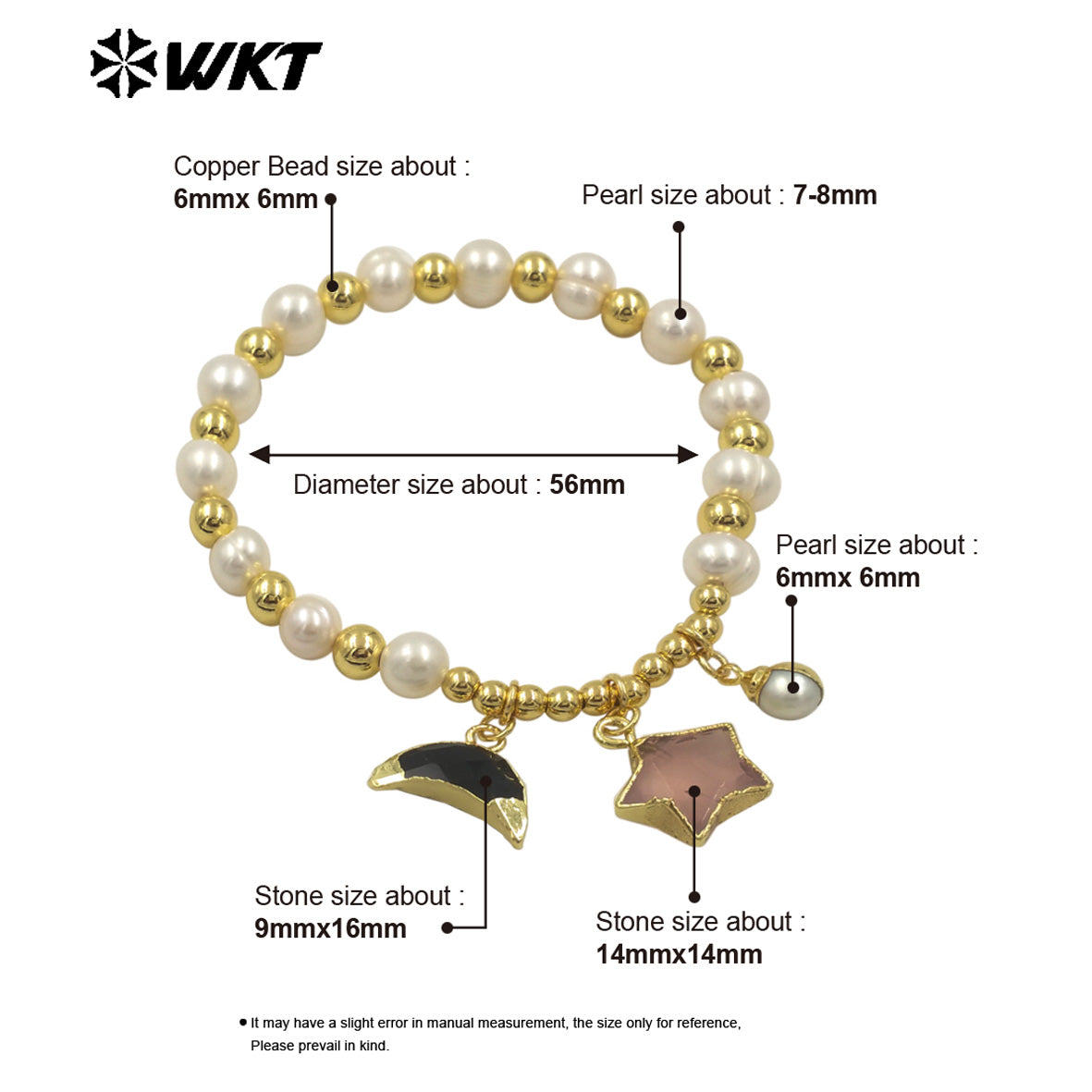 MPB127 High Quality Lovely Pearl Bracelet With Moon and Star Stone Charms Gold Electroplated for Ladies Jewelry Accessories