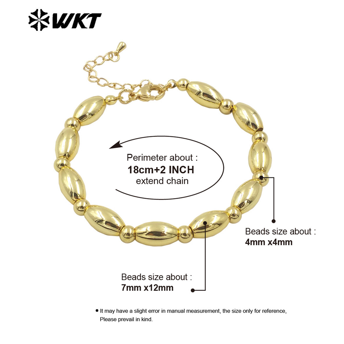 WT-JF349 Wholesale Fashion 18K Real Gold Plated Bullet Shape Hand Strand Made Beads Bracelet With Extend Chain