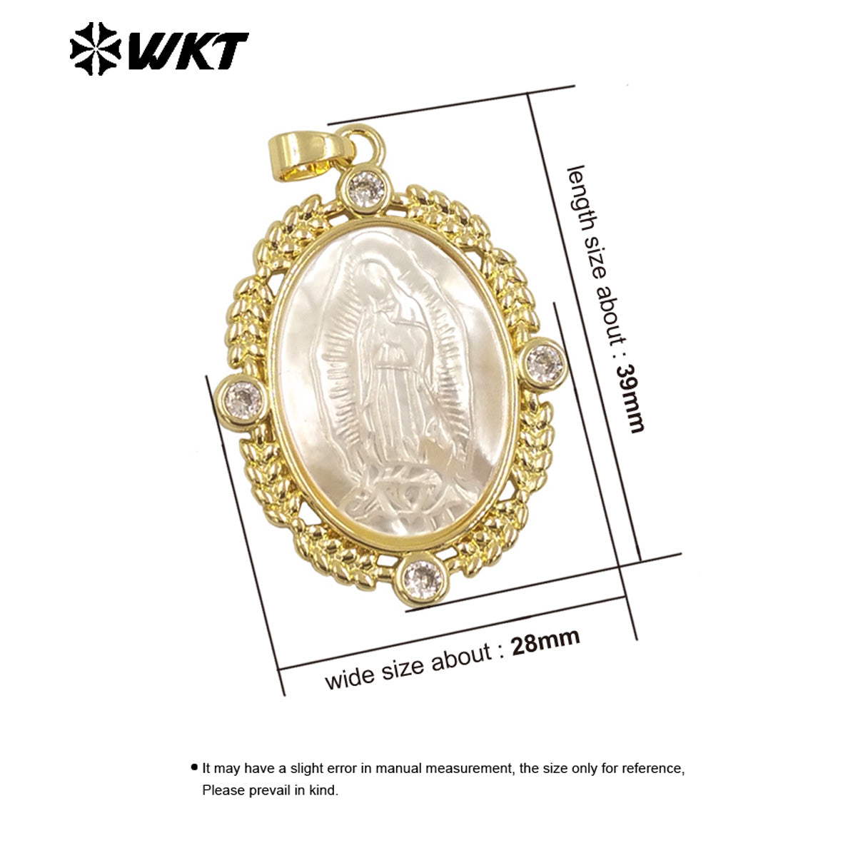 WT-JP369 Amazing WKT Exclusive 18K Gold Plated Bezel Setting Zircon Charm Around Handmade Carved White Shell Virgin Mary Pendant