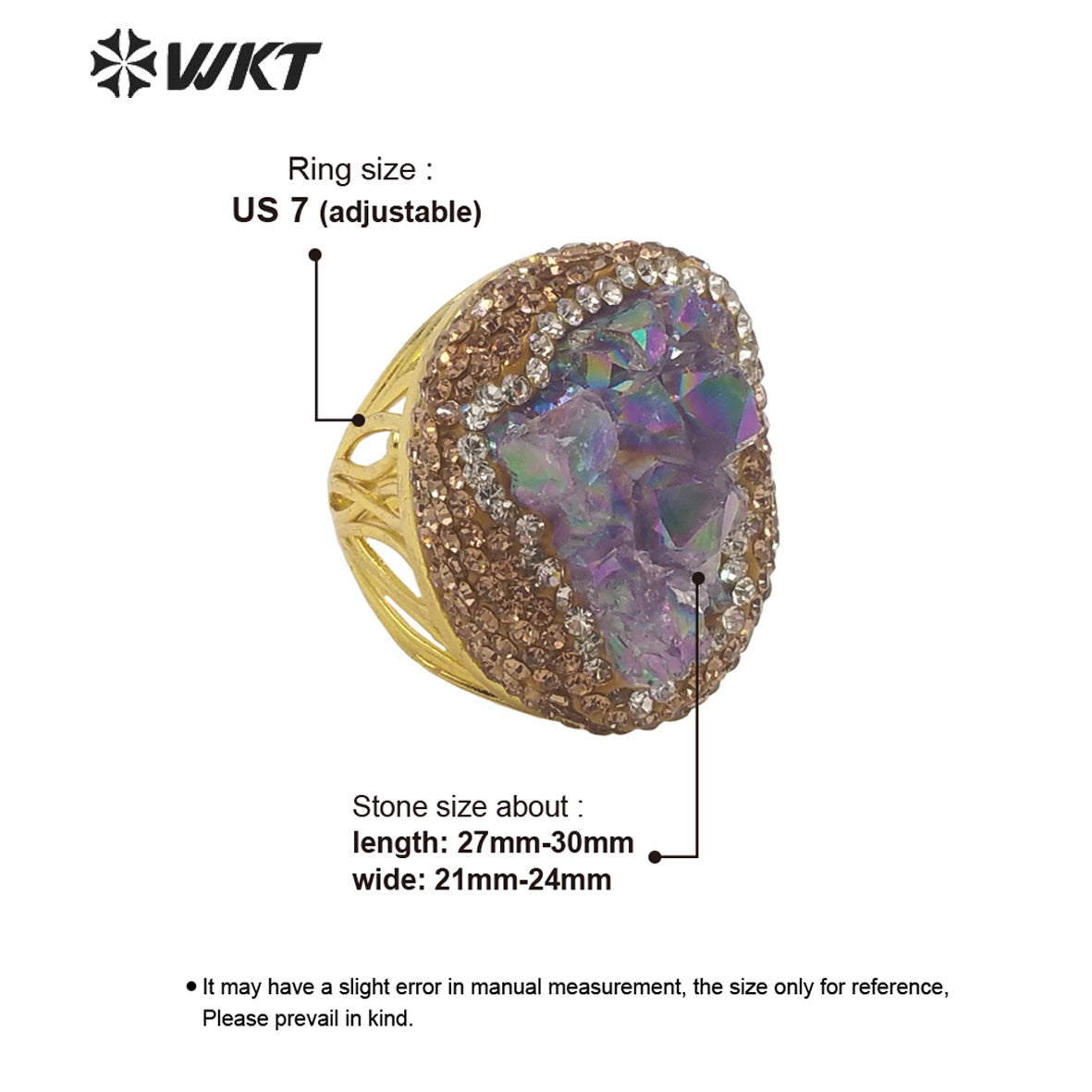 WT-R433 Fashion Oval Shape Aura Amethyst Stone Ring 18k Gold Bezel Setting Rhinestone Paved Druzy Amethyst Ring for Gift