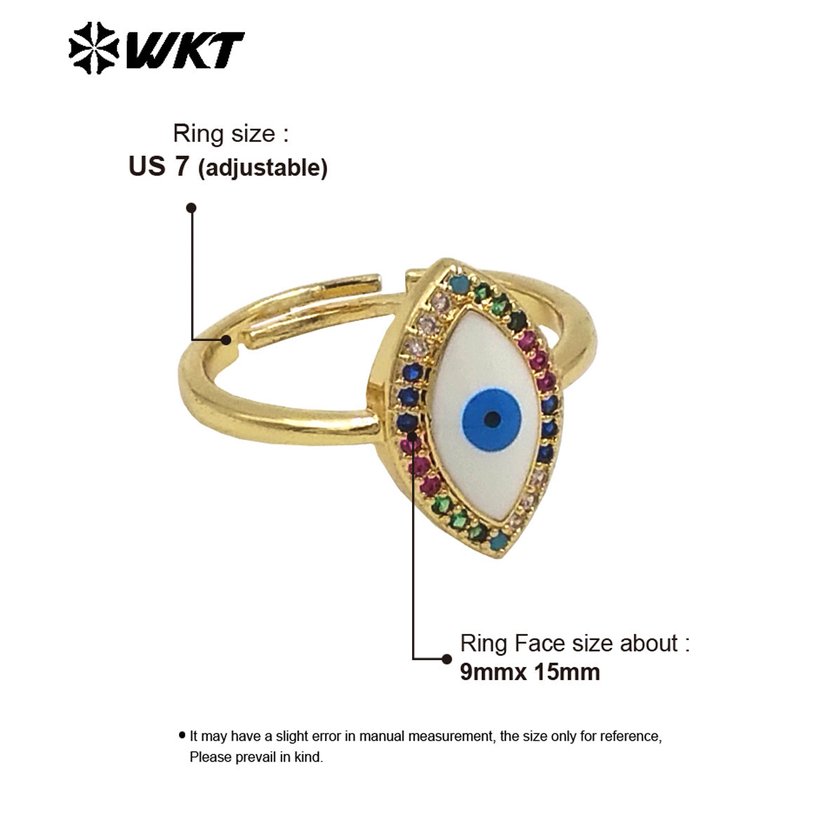 WT-MPR099 Attractive Fashion Girl Colorful Cubic Zircon Turkey Eye Open Size Adjustable Gold Plated Delicate Ring