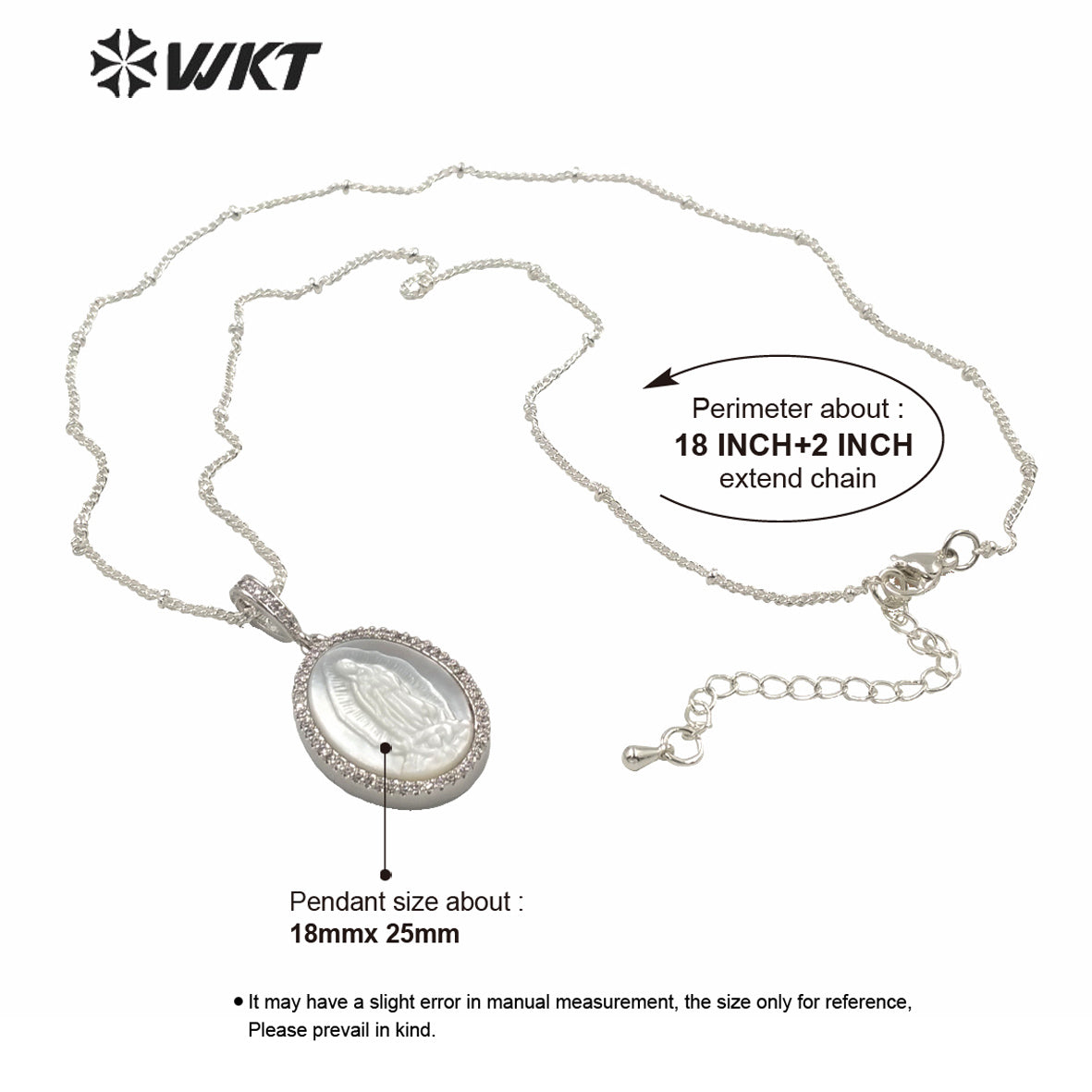 WT-MN968 Wholesale Natural MOP Shell Carved Micro Pave Setting Virgin Mary Necklace Women Platinum Plated Shell Mary Necklace