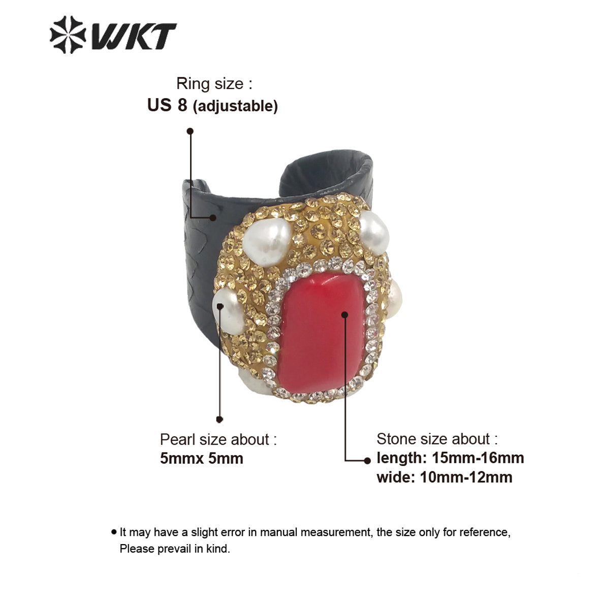 WT-R432 Women Magic Black Genuine Leather Red Coral Ring with Pearl Charm Elegant Rhinestone Pave Party Ring