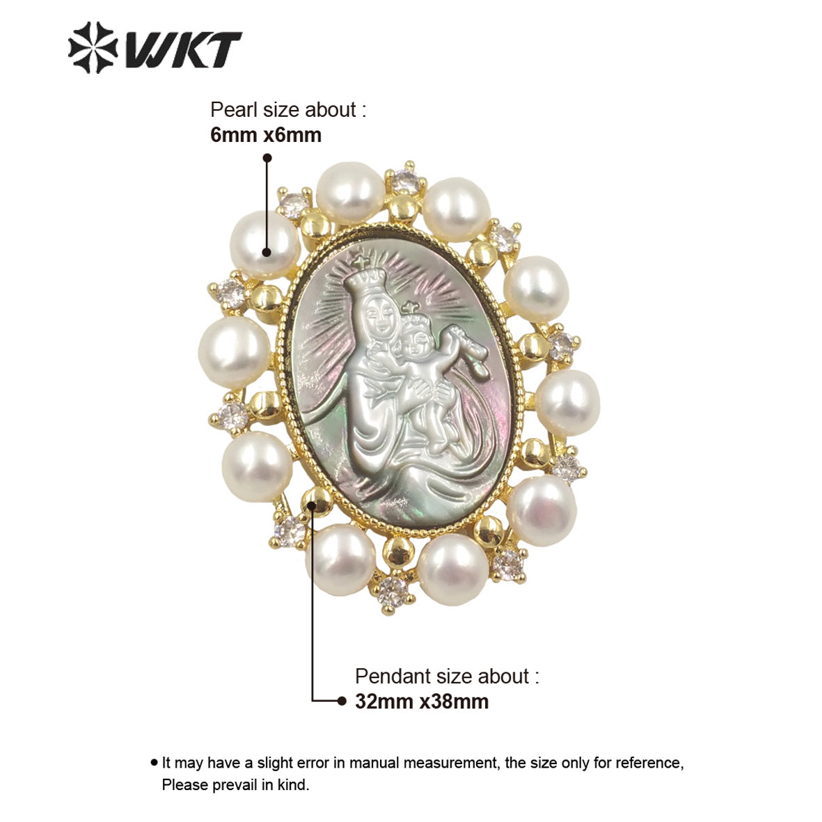 WT-JP276 WKT Gold Fashion Micro Pave Cubic Zircon Christian Religious Charm Pendant with Pearl Trim Royal Style Pearl Pendant