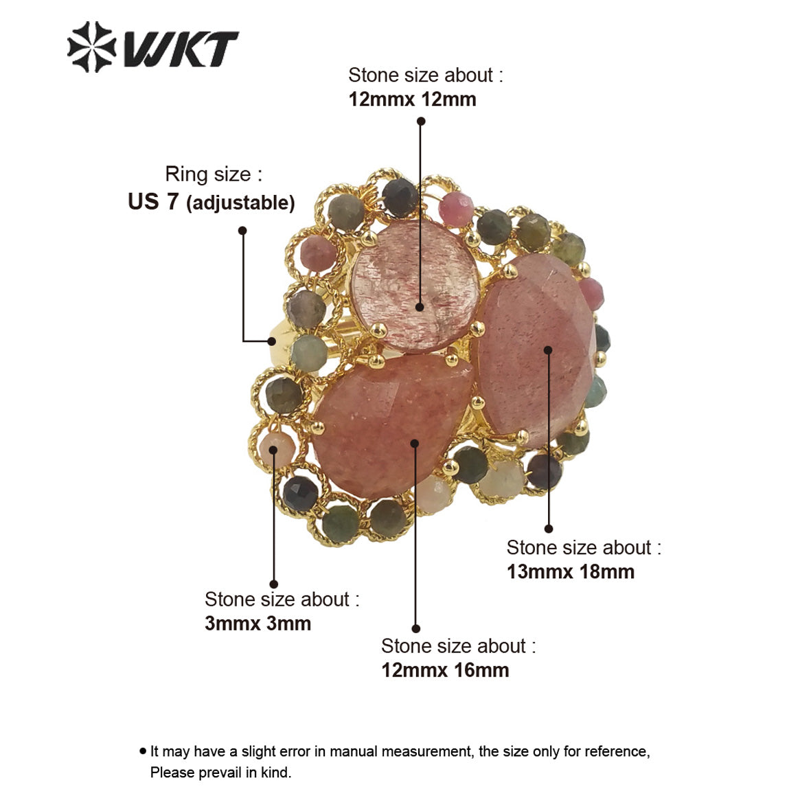 WT-R452 Newest Gold Bezel Natural Gemstone Cocktail Ring Big Exaggerated Luxury Gold Plated Women Triple Stone Ring