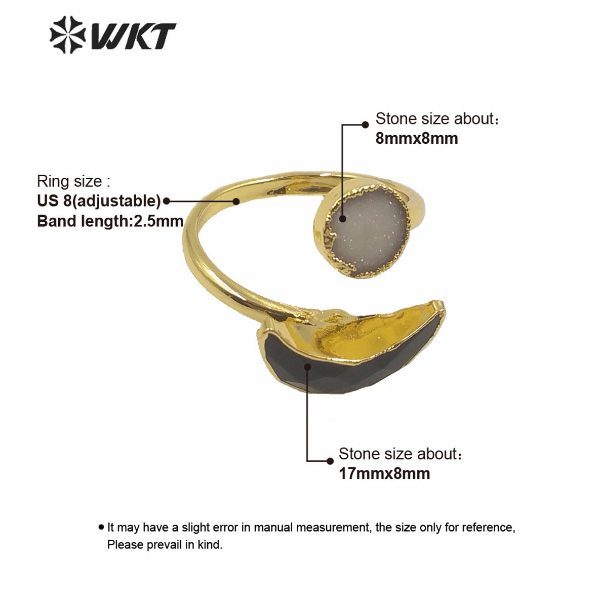 WT-R357 Wholesale Women Double Stone Cock Tail Ring Natural Gold Electroplated Druzy Agate Stone Ring Crescent Horn Stone Rings