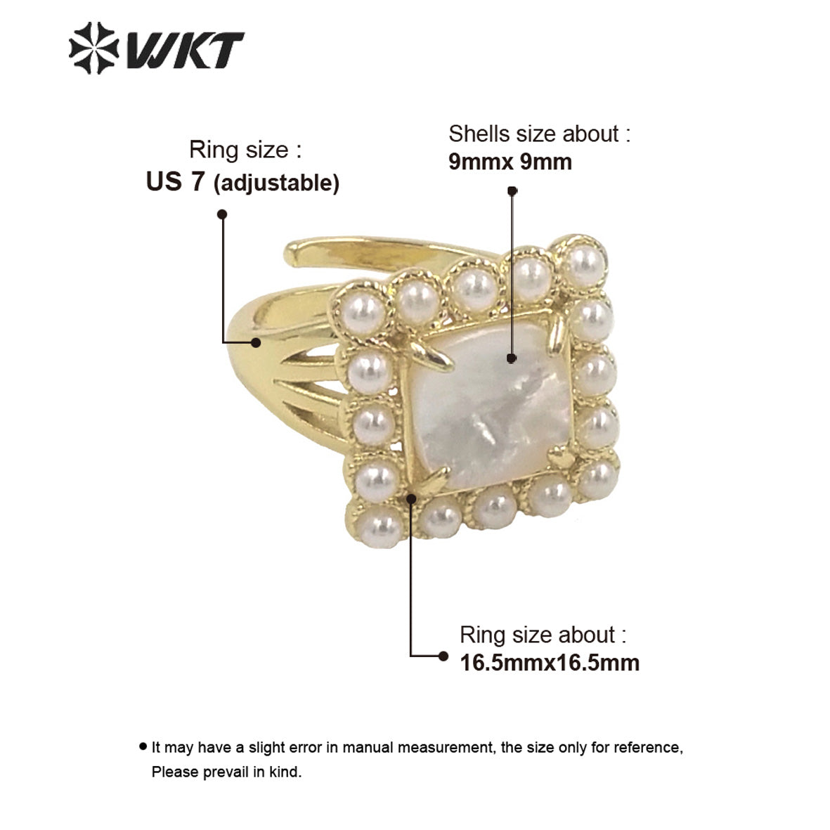 WT-MPR078 Vintage Bohemian Office Style Natural Square Shell With Artificial Pearl Women Ring for Gift