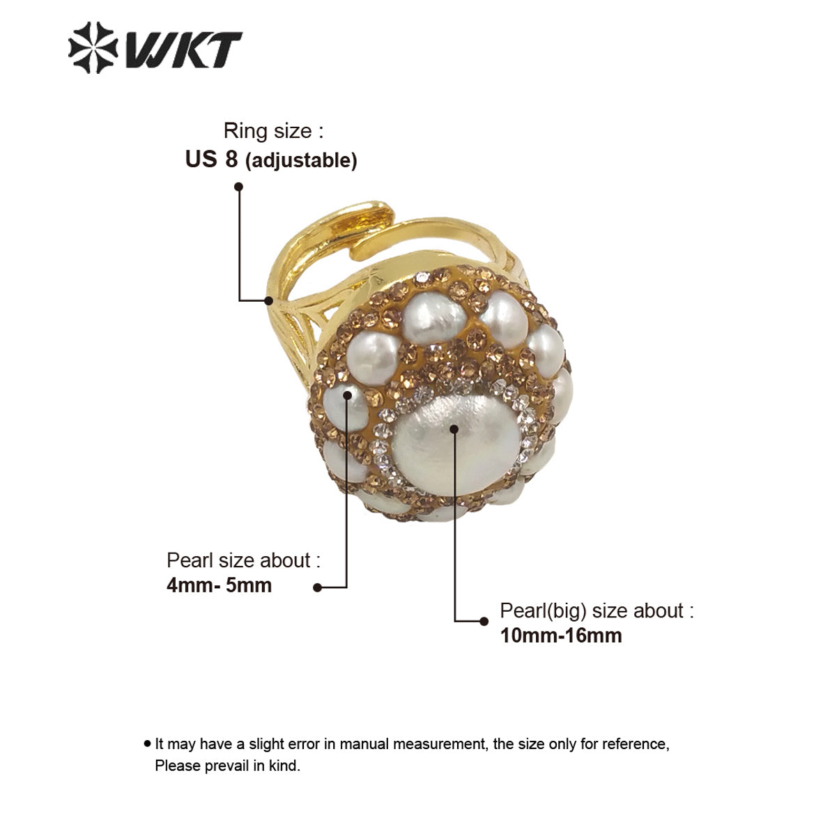 WT-MPR046 WKT Newest Handmade Rhinestone Setting Multi Pearl Ring Women Gold Plated Freshwater Pearl Wedding Ring for Gift