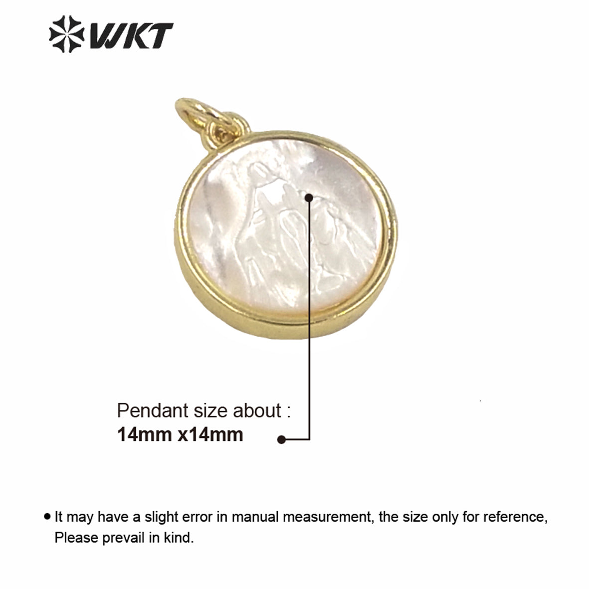 WT-MP173 Wholesale Religious Gold Bezel Mop Shell Charm Pendant Popular 14mm White Shell Christian Pendant Jesus Pendant