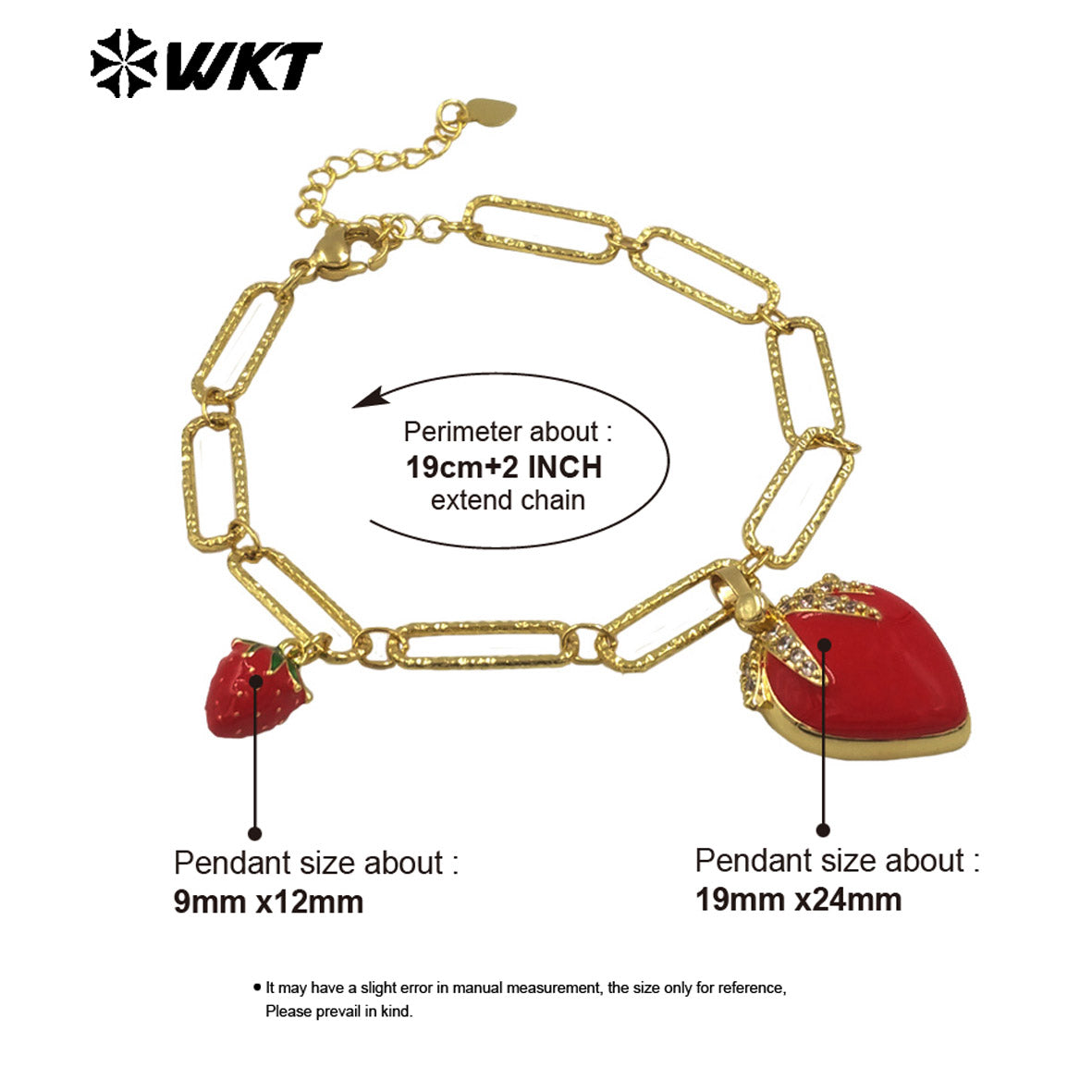 WT-JF366 High Quality Beautiful Ladies Double Strawberry Charms Gold Plated Rectangle Chain Bracelet Yellow Brass With Drop Oil