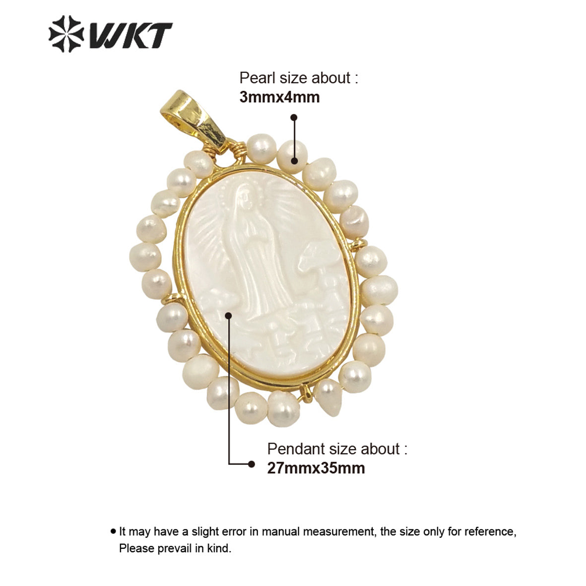 WT-JP264 WKT New Design Fashion Gold Bezel Religious Pearl Christian Pendant Oval Shape Virgin Mary Pendant for Necklace