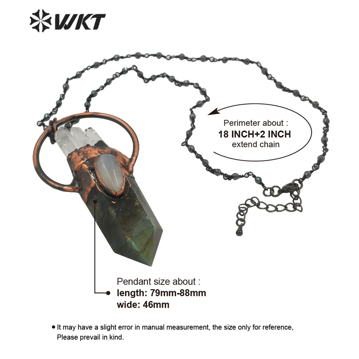 WT-N1262 Women Bohemian Style Natural Labradorite Point Stone Necklace with Antique Copper Plated Lady Retro Stone Necklace