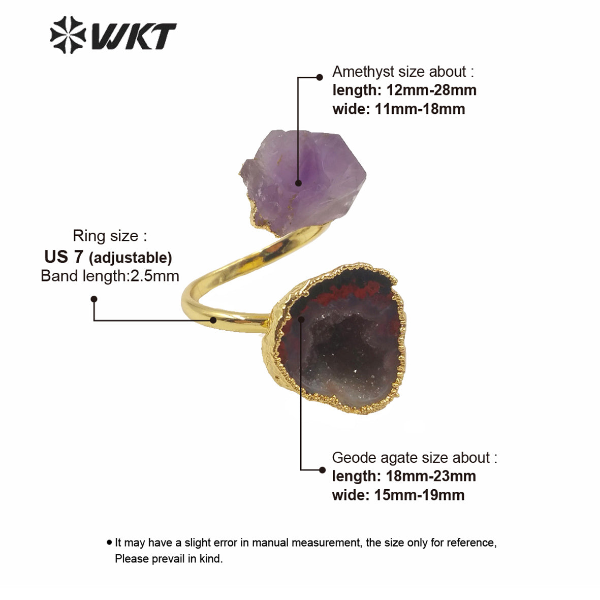 WT-R360 WKT Exclusive Natural Amethyst and Gedoe Agate Stone Ring Fashion Double Stone 18k Real Gold Plated Amethyst Rings