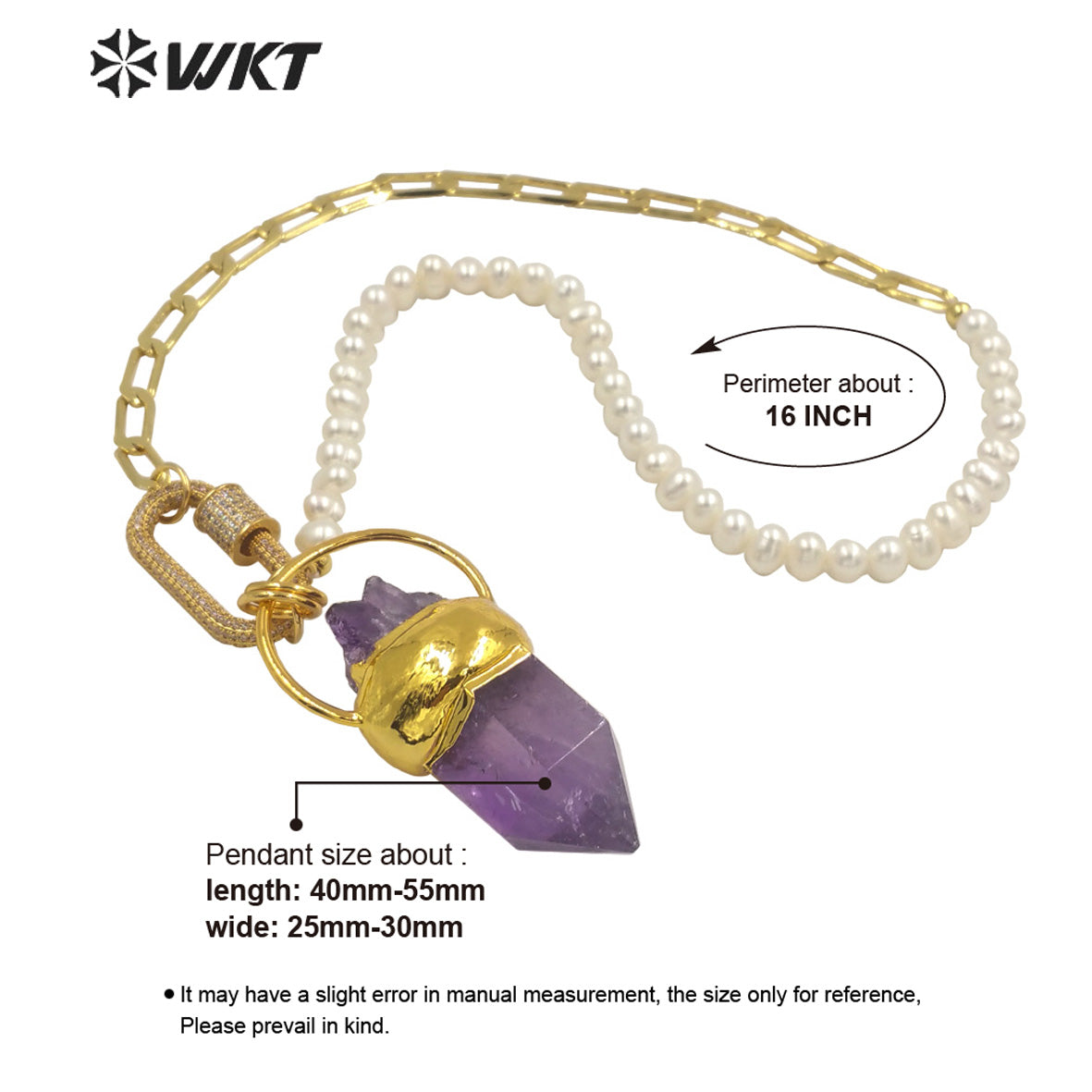 WT-N1303 Wholesale 18k Real Gold Plated Gorgeous Natural Amethyst Stone Necklace in 16 Inch Women Pearl Chain Stone Necklace