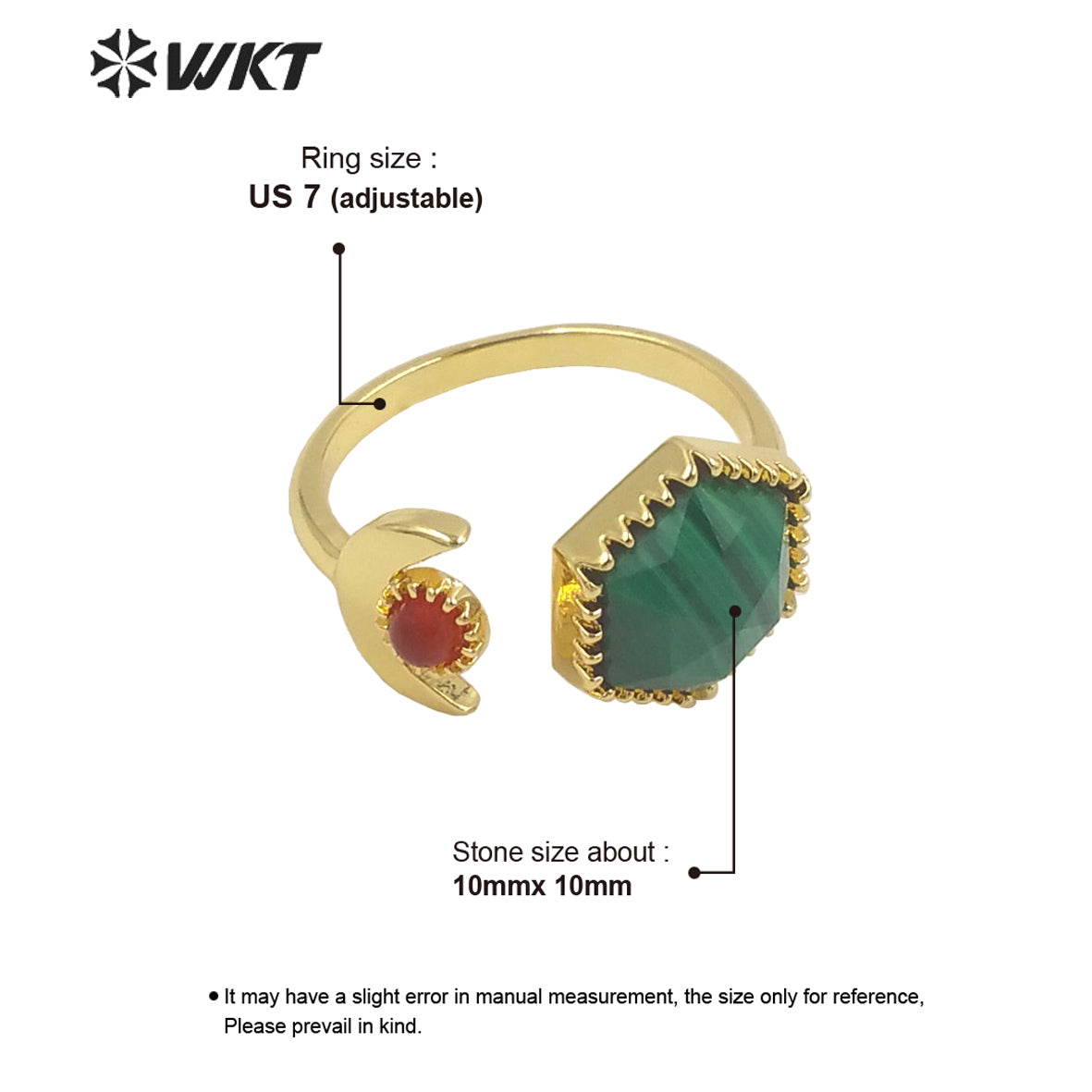 WT-R426 Delicate Fashion Gold Open Size Double Stone Ring Natural Gemstone Hexagon Double Stone Gold Bezel Ring for Girls