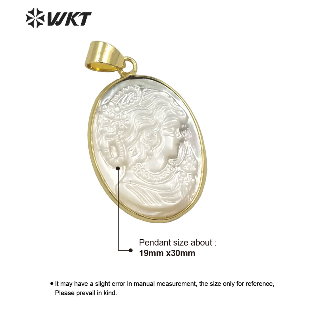 WT-JP267 Super Beauty Design with Gold Bezel Women Natural Shell Made Hand Carved the Beauty Women Photo Pendant for Necklace