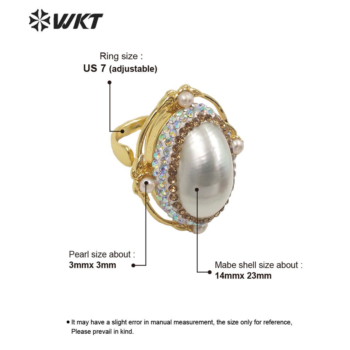 WT-MPR047 Amazing Elegant White Mabe Shell Ring 18k Gold Plated Rhinestone Setting Women White Shell Anniversary Ring