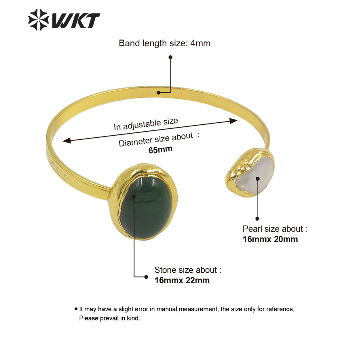 WT-B622 WKT NEW DESIGN Fashion 18k Real Gold Plated Double Stone Bangle Real Pearl Cuff Bangle for Wedding Daily Match Jewelry