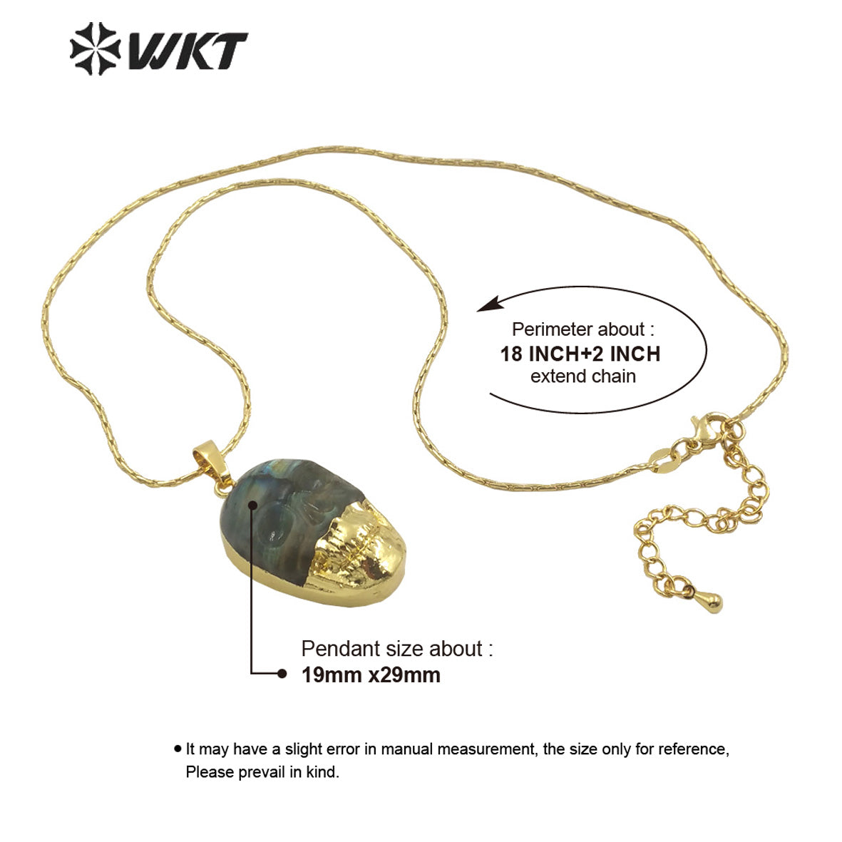 WT-N1461 Wholesale Fashion Gold Dipped Natural Flashy Stone Hand Carving Labradorite Skulls Necklace