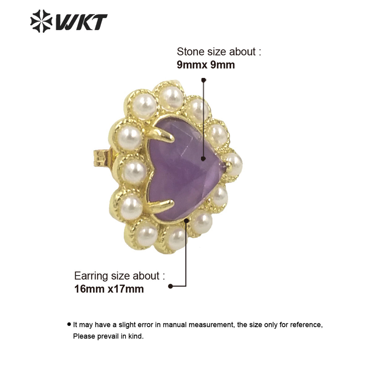WT-MPE122 Amazing Fashion Gold Plated Natural Gemstone Heart Studs 18k Gold Plated Amethyst Gorgeous Studs