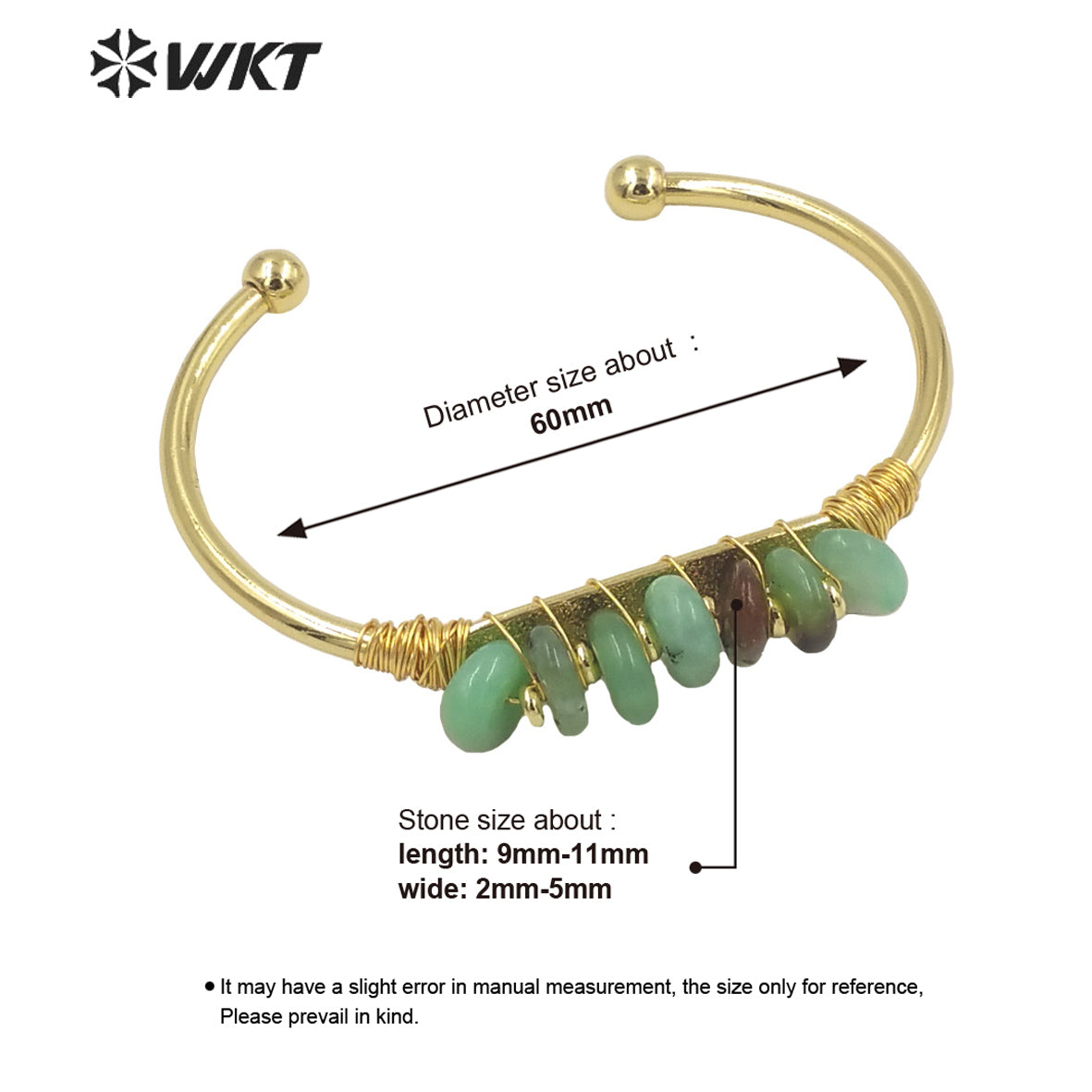 WT-B580 WKT Lovely Popular Gold Electroplated Open Size Cuff Bangle Women Bohemian Natural Gemstone Beads Wire Wrapped Bangle